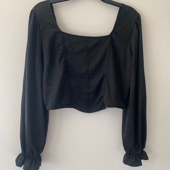 Hot Topic Almost Famous Black Smock Corset Satin Crop Long-Sleeve Top Large - Picture 2 of 5